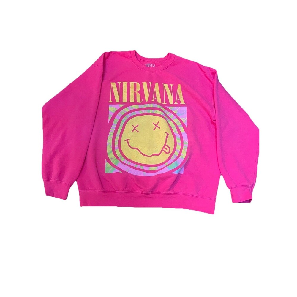 Nirvana Sweatshirt Size XS S Pink Yellow Smiley Face Preppy Grunge Graphic Soft